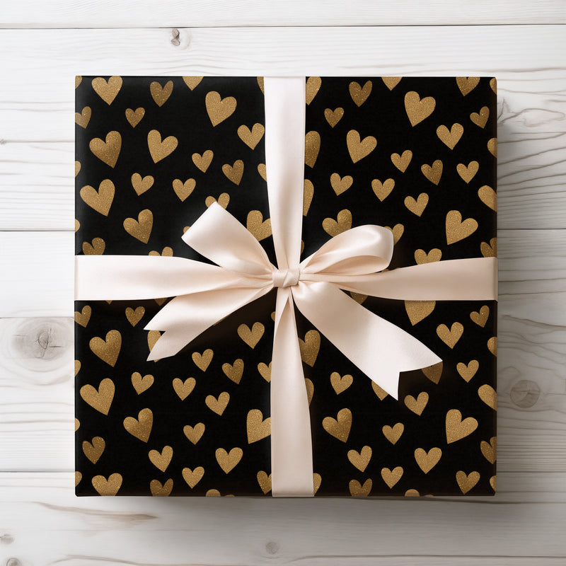 Aurumheart Noctis – Gold Glitter Hearts on Black Luxury wrapping paper