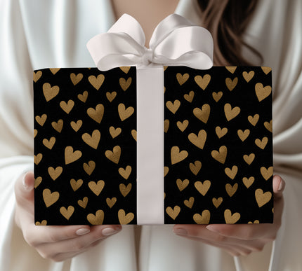 Aurumheart Noctis – Gold Glitter Hearts on Black Luxury wrapping paper