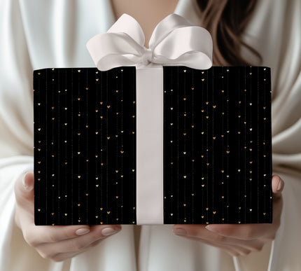 Midnight Goldfall – Black Gold Heart Lines wrapping paper
