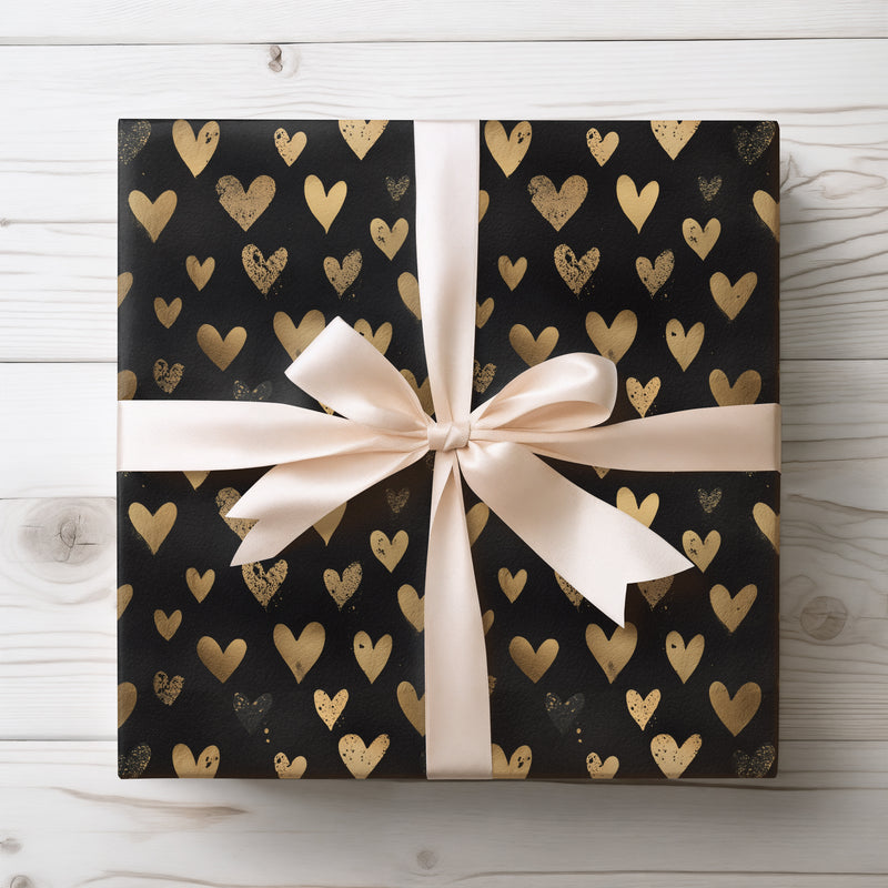 Gilded Lovefall – Gold foil distressed hearts on black background wrapping paper