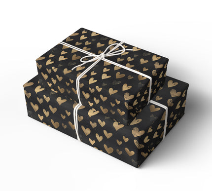 Gilded Lovefall – Gold foil distressed hearts on black background wrapping paper