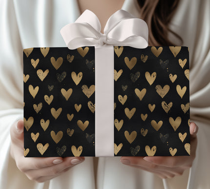 Gilded Lovefall – Gold foil distressed hearts on black background wrapping paper