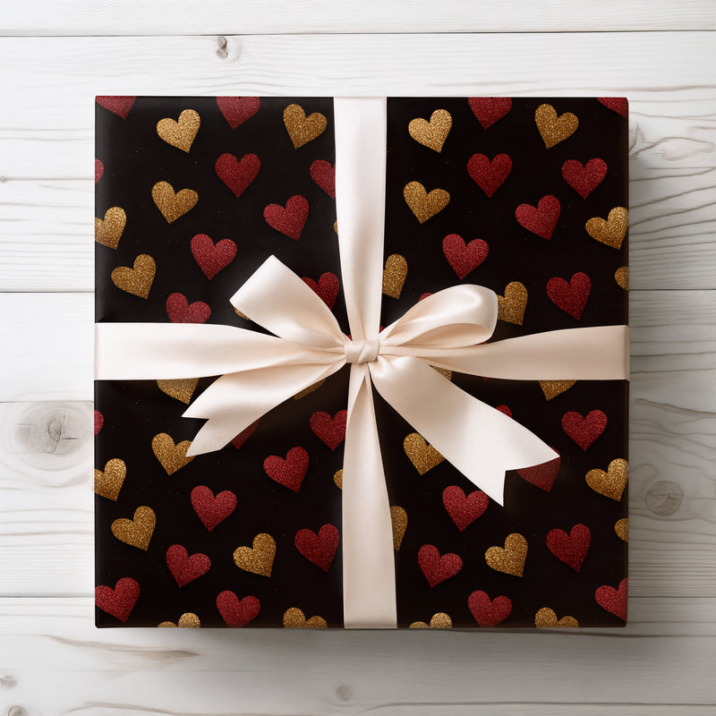 Gilded Emberlove – Red and Gold Glitter Hearts on Black wrapping paper