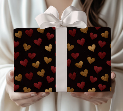 Gilded Emberlove – Red and Gold Glitter Hearts on Black wrapping paper