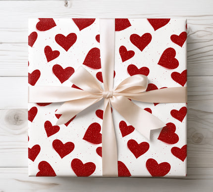 Red Glitter Hearts on White Gift Wrap – Romantic Valentine Wrapping Paper 