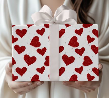 Crimson Sparkveil – Red Glitter Hearts on White Romantic wrapping paper
