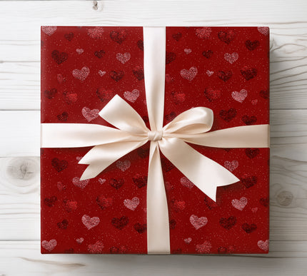 Red Glitter Valentine Wrapping Paper with Sparkling Hearts 