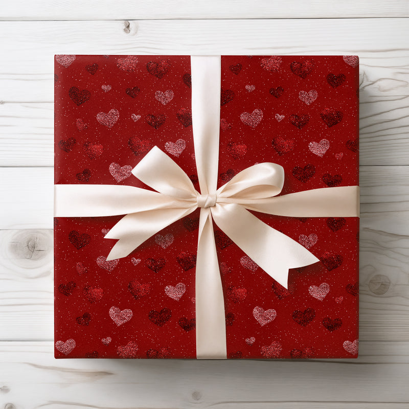 Crimson Heartfall – Valentine Hearts Glitter wrapping paper