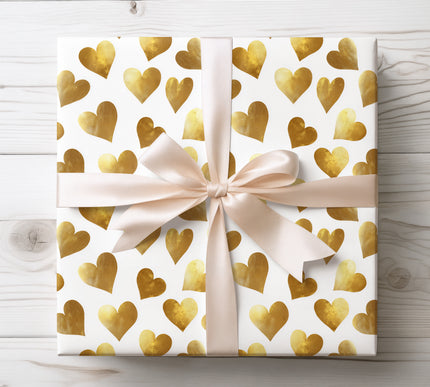 Large Golden Foil Hearts on White Background wrapping paper 