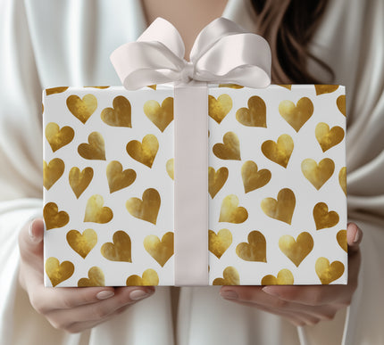 GildedLove – Large Golden Foil Hearts on White Background wrapping paper