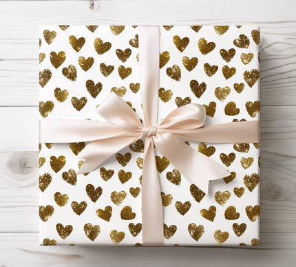 Golden Glitter Hearts Seamless on White Background Wrapping Paper 