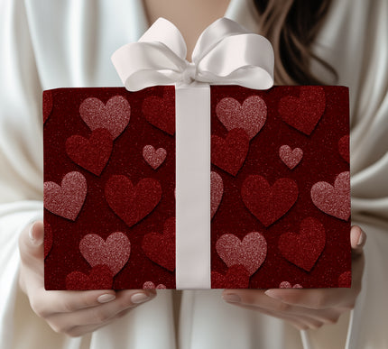 Scarlet Glowfall – Deep Red Glitter Hearts Luxury wrapping paper