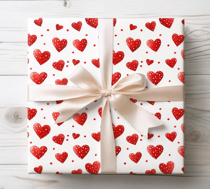 Polka Dot Red Hearts on White Background Wrapping Paper 