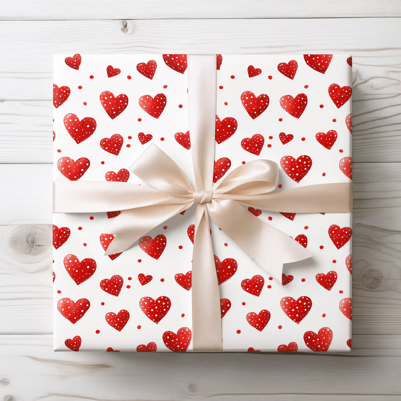 Candyheart Pop – Polka Dot Red Hearts on White Background Wrapping Paper
