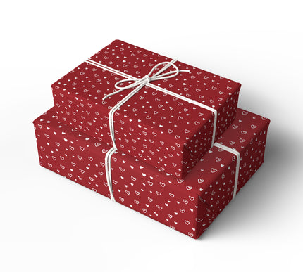 Heartfall – Scattered White Hearts on Deep Red Background Wrapping Paper