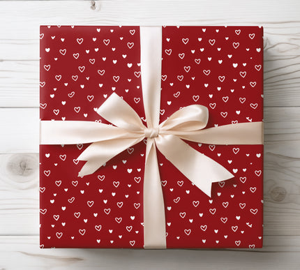 Scattered White Hearts on Deep Red Background Wrapping Paper 