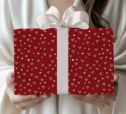 Heartfall – Scattered White Hearts on Deep Red Background Wrapping Paper