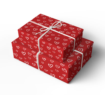 Sketchlove – Hand-Drawn White Hearts on Red Background Wrapping Paper