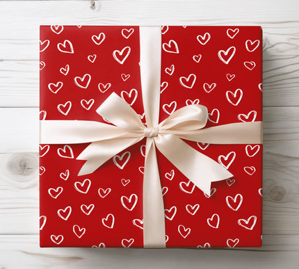 Hand-Drawn White Hearts on Red Background Wrapping Paper 