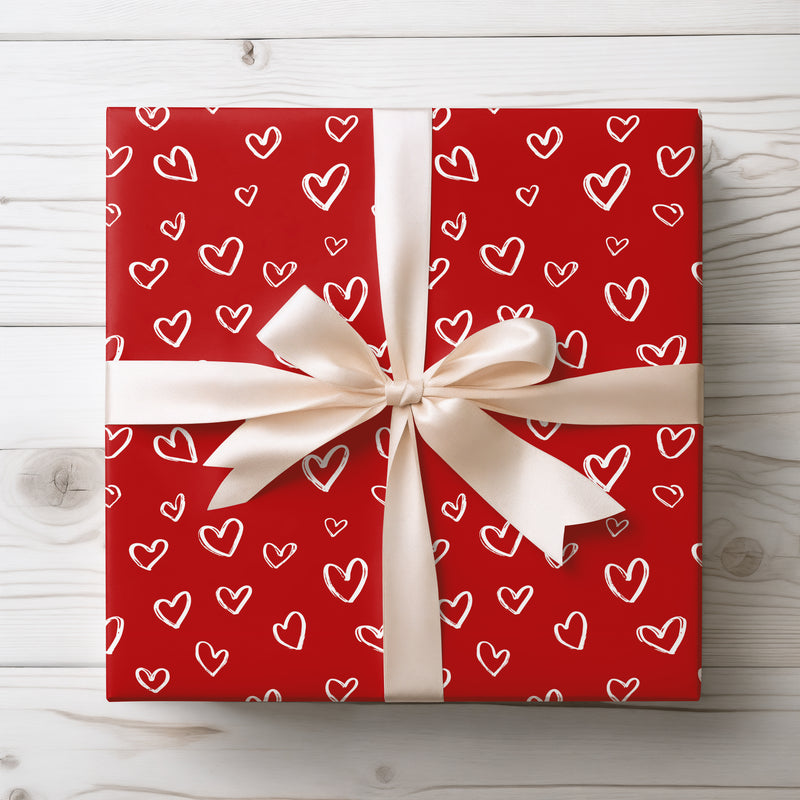 Sketchlove – Hand-Drawn White Hearts on Red Background Wrapping Paper
