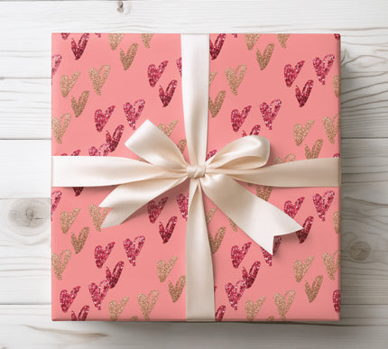 Pink Glitter Heart Wrapping Paper with Rose Gold and Red Hearts 