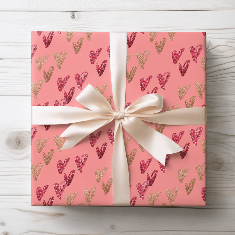 Blushspark Drift – Pink glitter heart wrapping paper