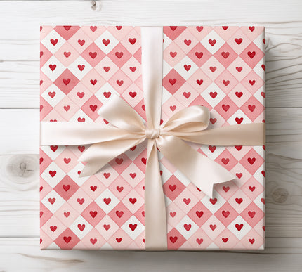 Red Hearts in Pink Diamond Watercolor Grid wrapping paper 