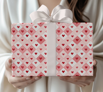 Cherisquare Bliss – Red Hearts in Pink Diamond Watercolor Grid wrapping paper