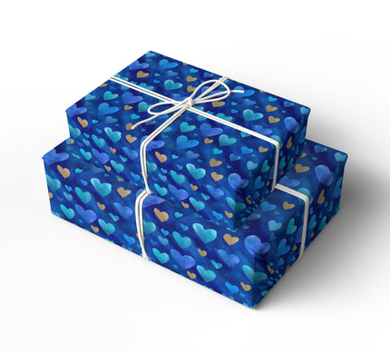 Azure Heartfall – Blue and Gold Sparkle Hearts wrapping paper
