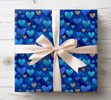 Blue and Gold Sparkle Hearts Valentine Wrapping Paper 