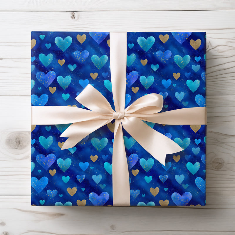 Azure Heartfall – Blue and Gold Sparkle Hearts wrapping paper