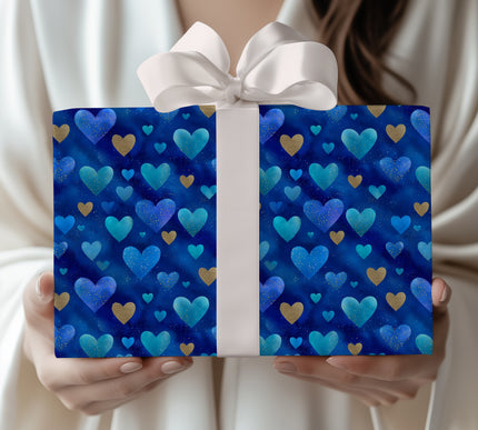 Azure Heartfall – Blue and Gold Sparkle Hearts wrapping paper