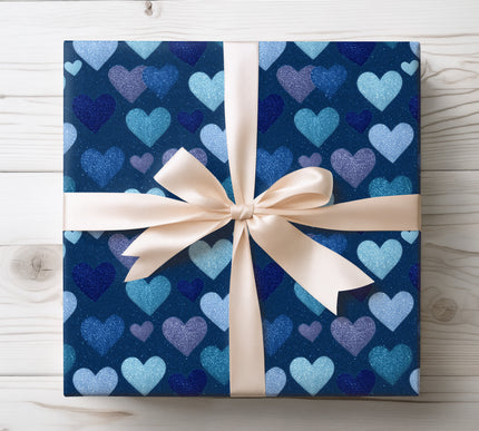 Blue Glitter Hearts on Dark Blue wrapping paper 