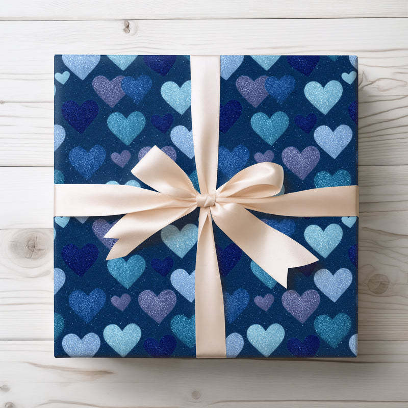 Midnight Frostlove – Blue Glitter Hearts on Dark Blue wrapping paper