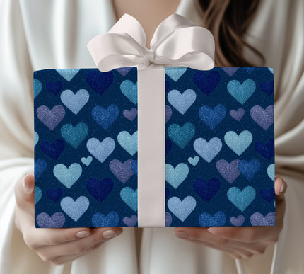 Midnight Frostlove – Blue Glitter Hearts on Dark Blue wrapping paper