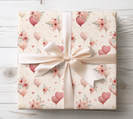 Romantic Watercolor Heart Balloons with Roses wrapping paper 