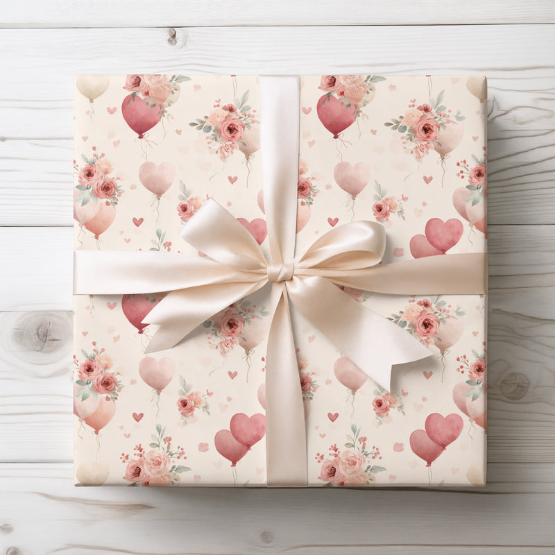 BlossomHearts – Romantic Watercolor Heart Balloons with Roses wrapping paper