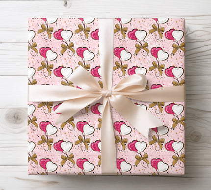 Glitter Heart Balloon Wrapping Paper with Gold Bows, Valentine Gift Wrap 