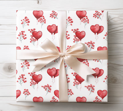 Valentine Wrapping Paper with Heart Balloons and Floral Accents