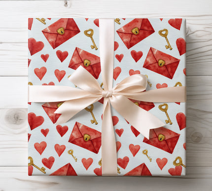 Watercolor hearts, keys, and envelopes pattern wrapping paper 