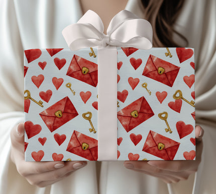 Heartkey Whispers – Watercolor hearts, keys, and envelopes pattern wrapping paper