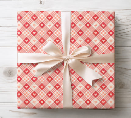 Valentine Patchwork Wrapping Paper with Red Hearts and Plaid Pattern 