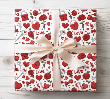 Red Roses, Heart Locks, Keys and Love Icons Valentine Pattern wrapping pape