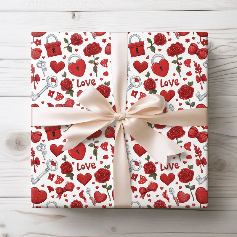 Love Vault – Red Roses, Heart Locks, Keys and Love Icons Valentine Pattern wrapping paper
