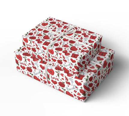 Love Vault – Red Roses, Heart Locks, Keys and Love Icons Valentine Pattern wrapping paper