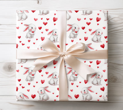 Cute White Bunnies with Red Hearts wrapping paper 
