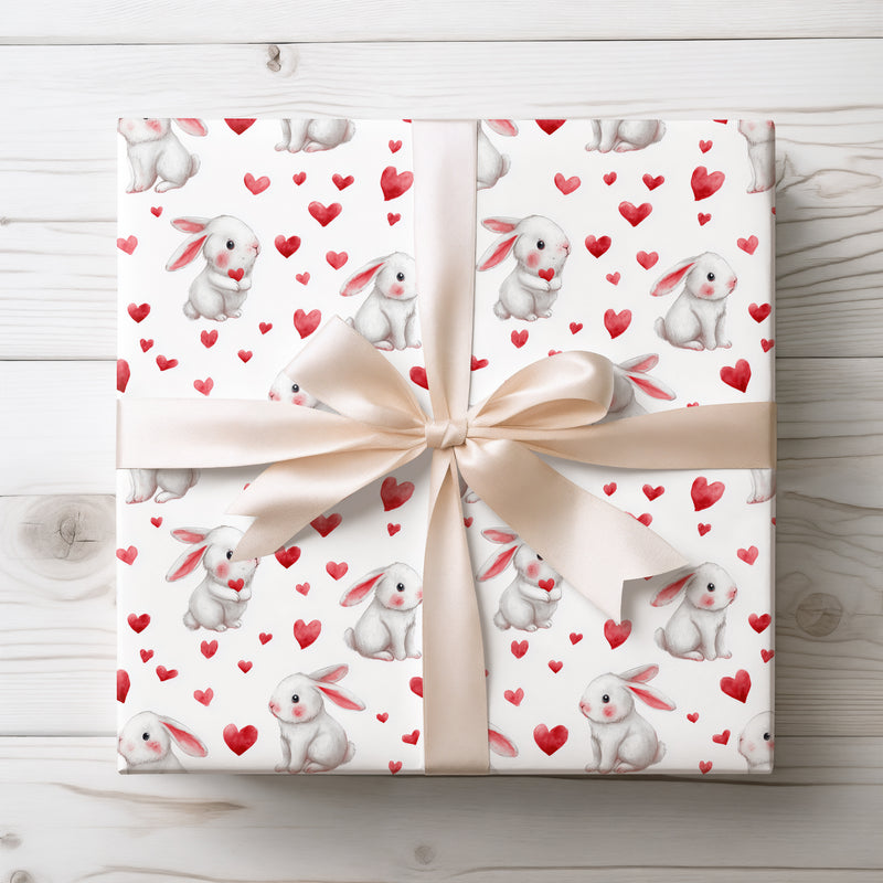 Heartsnuggle Bunny – Cute White Bunnies with Red Hearts wrapping paper