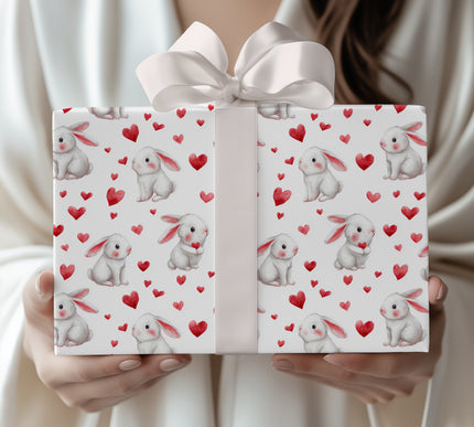 Heartsnuggle Bunny – Cute White Bunnies with Red Hearts wrapping paper