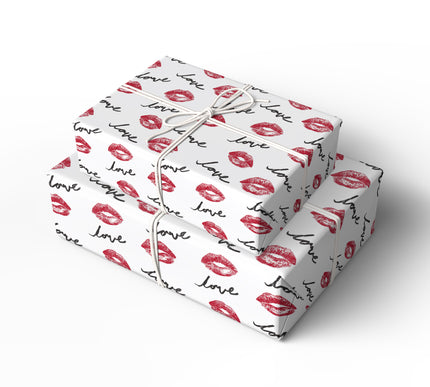Kisscribe – Red lips and “love” cursive text pattern wrapping paper