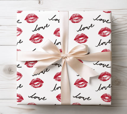 Red lips and cursive love text Valentine's wrapping paper 